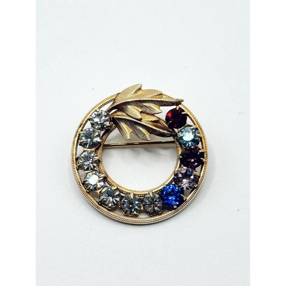 VTG Round Sparkling Rhinestone Brooch Pin Multicolor 2 Circle Leaf GF Signed - Picture 1 of 5